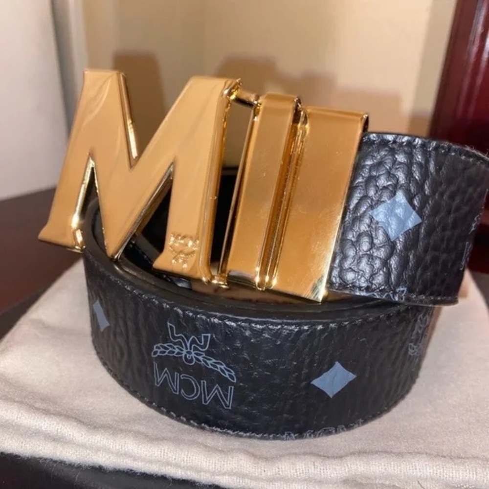 MCM Black Leather Monogram Belt with Gold M Buckle sz28-36